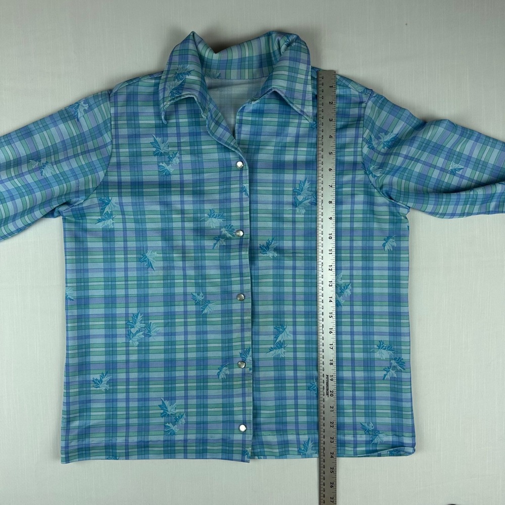 Vintage 70s Blue Green Plaid Leaf Print Snap Button Long Sleeve Shirt - Picture 7 of 7